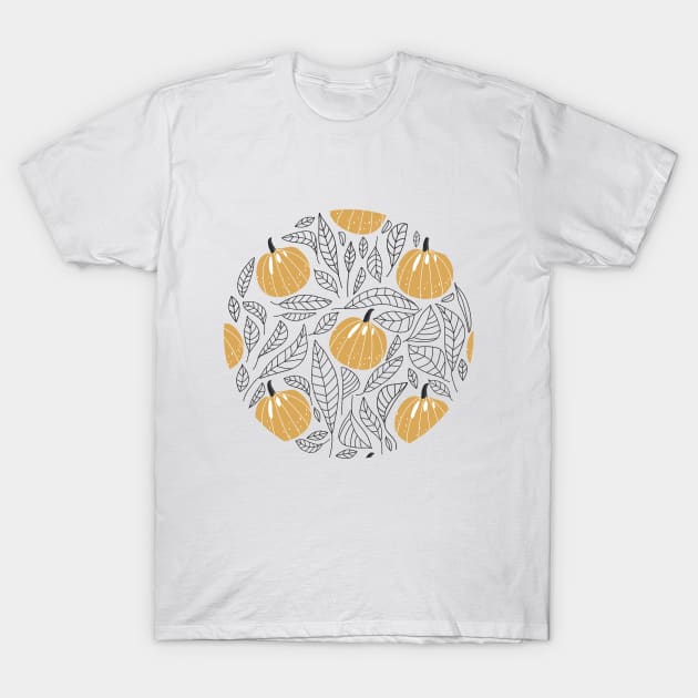 Abstract floral pattern with pumpkins and contour leaves. Autumn Fall Season. T-Shirt by CoCoArt-Ua